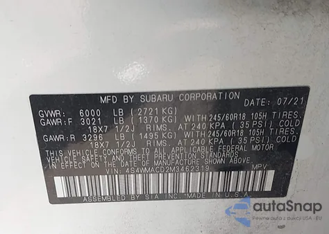 2021 Subaru Ascent Premium z USA, uszkodzony, nr VIN 4S4WMACD2M3462319